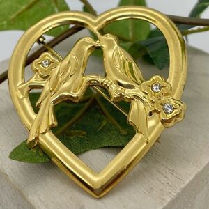 Vintage 1940s Lovebird Heart Gold Washed White Rhinestone Statement Brooch Pin